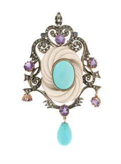 14kt Yellow Gold Pendant & Brooch with Diamonds and Turquoise
