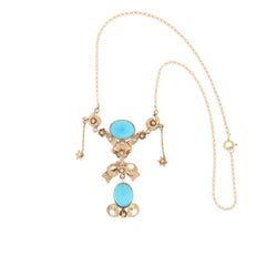 Handcraft Turquoise 9 Karats Yellow Gold Pendant Necklace