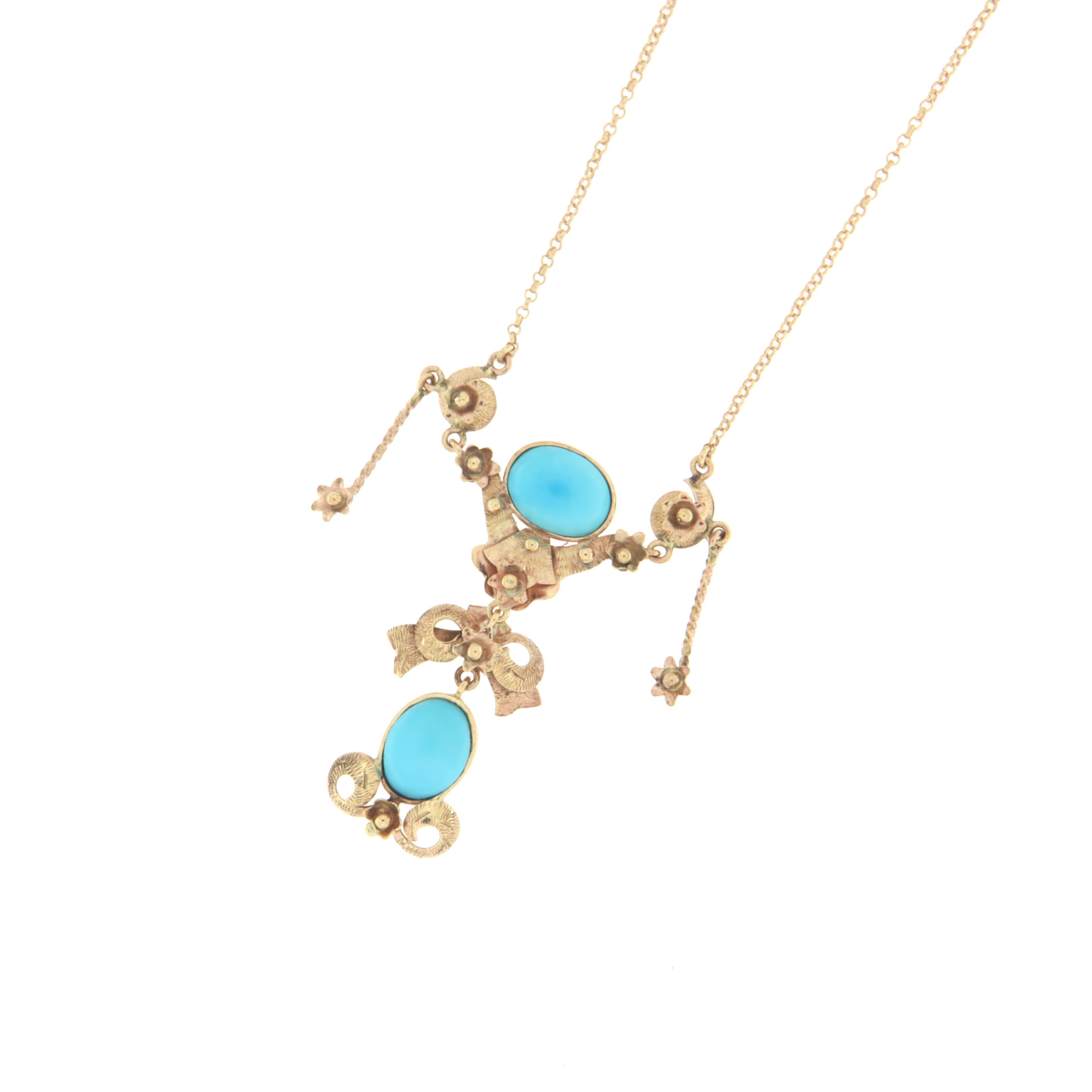 Handcraft Turquoise 9 Karats Yellow Gold Pendant Necklace  In Excellent Condition For Sale In Marcianise, IT