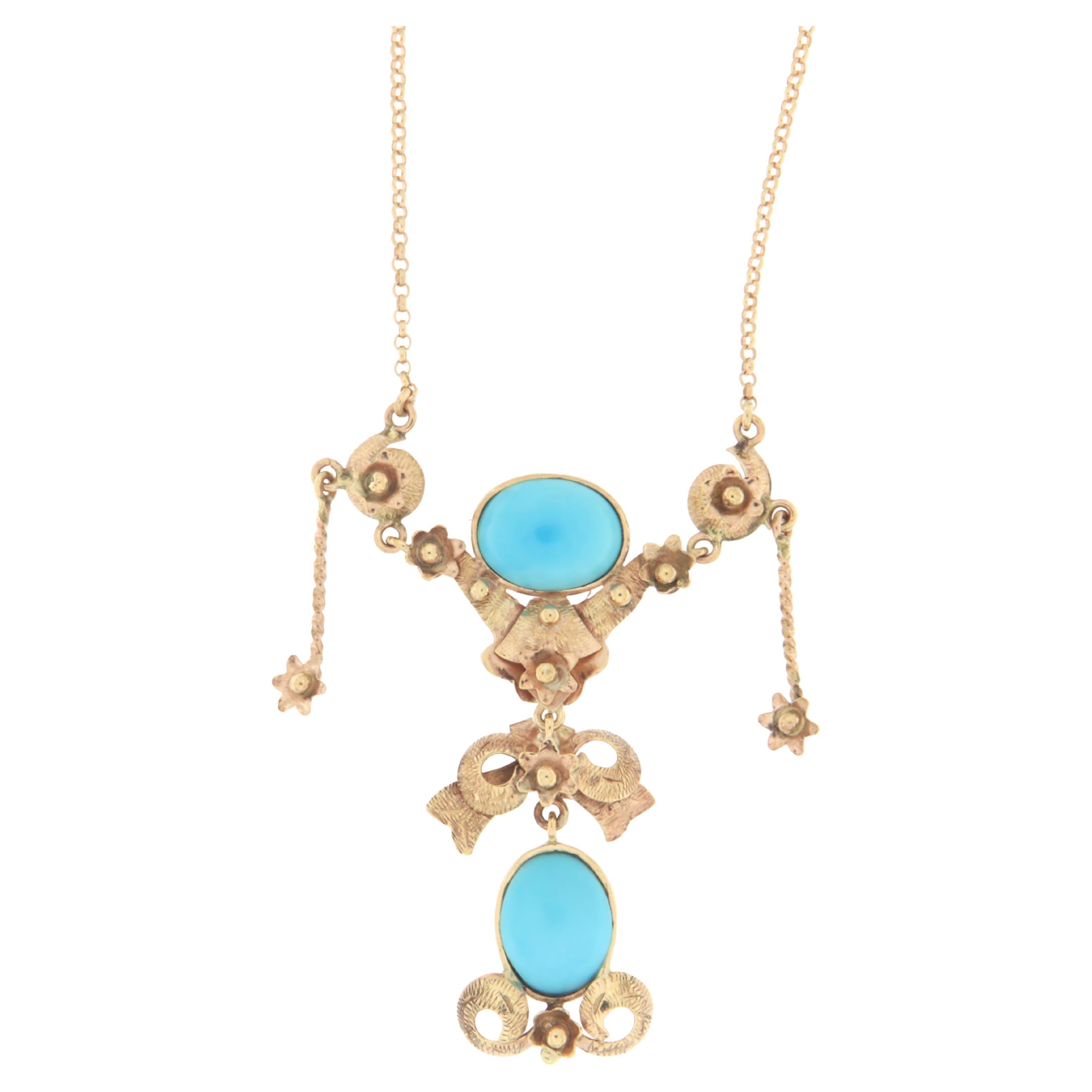 Handcraft Turquoise 9 Karats Yellow Gold Pendant Necklace For Sale