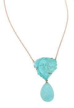Handcraft Turquoise Cameo 14 Karat Yellow Gold Pendant Necklace
