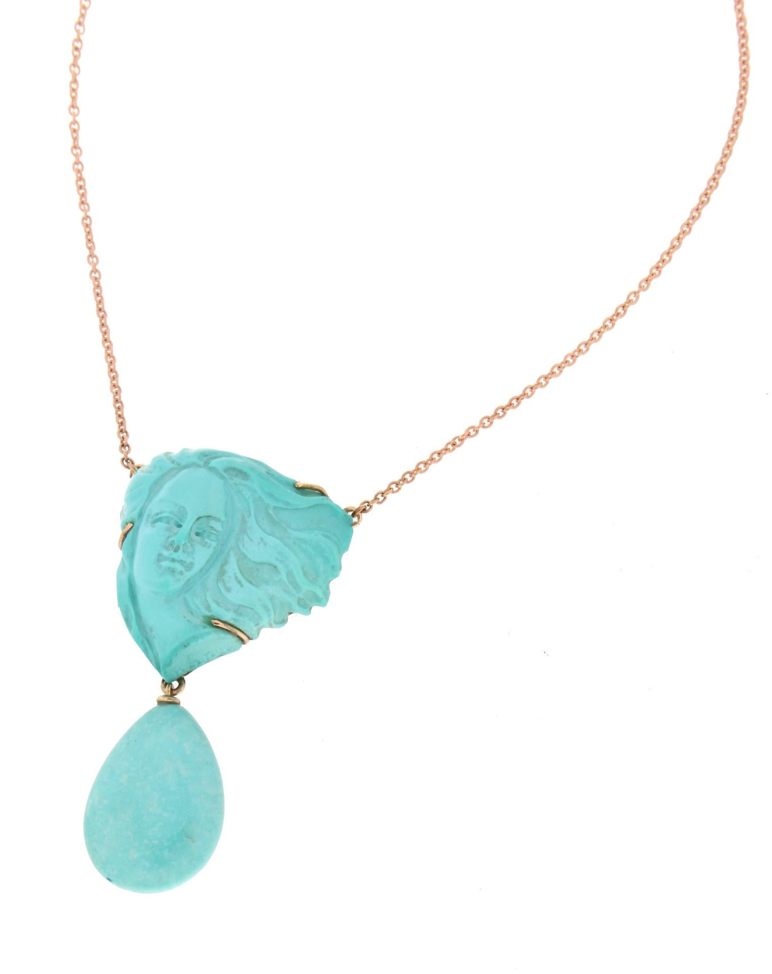 Artisan Handcraft Turquoise Cameo 14 Karat Yellow Gold Pendant Necklace For Sale