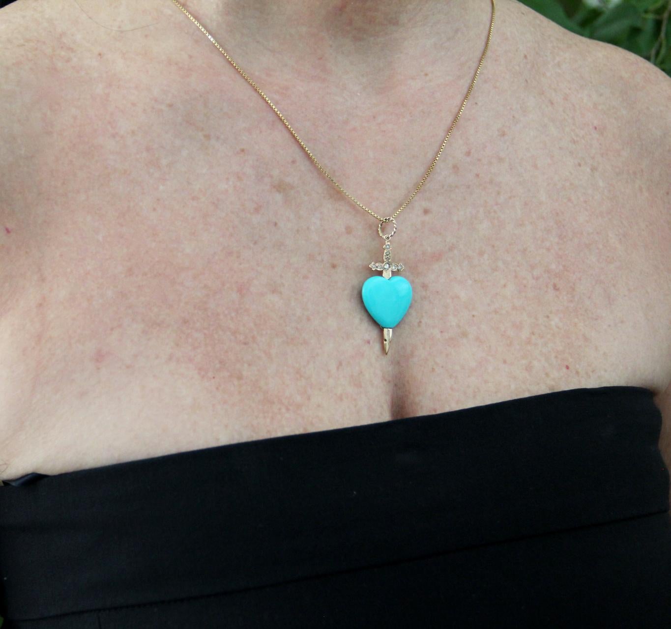 Women's or Men's Handcraft Turquoise Heart 14 Karat Yellow Gold Diamonds Pendant Necklace