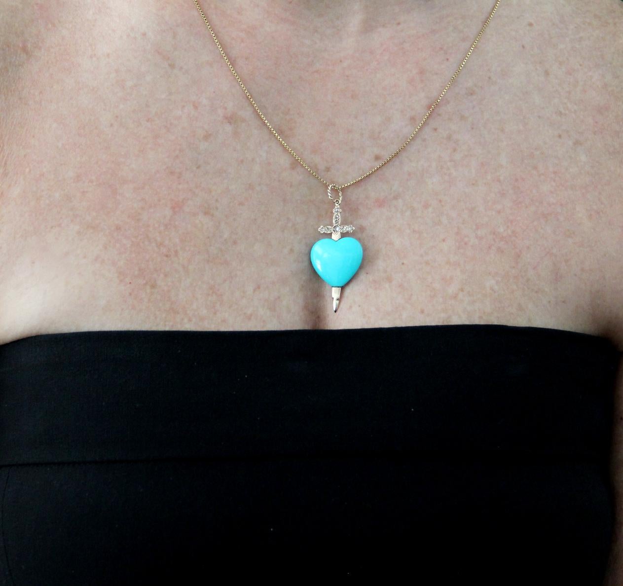 Handcraft Turquoise Heart 14 Karat Yellow Gold Diamonds Pendant Necklace 1