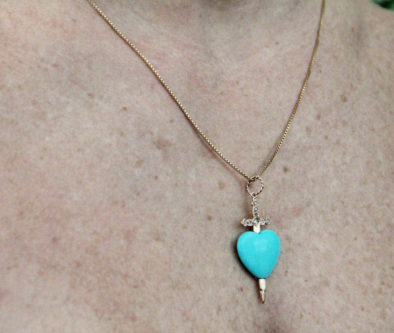 Handcraft Turquoise Heart 14 Karat Yellow Gold Diamonds Pendant Necklace 2