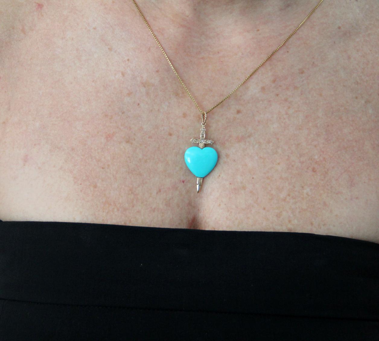 Handcraft Turquoise Heart 14 Karat Yellow Gold Diamonds Pendant Necklace 3