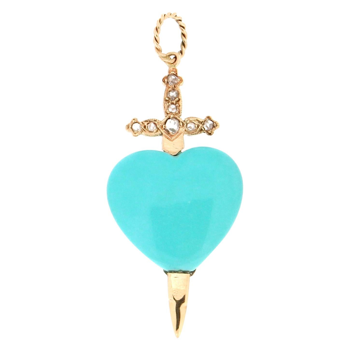 Handcraft Turquoise Heart 14 Karat Yellow Gold Diamonds Pendant Necklace