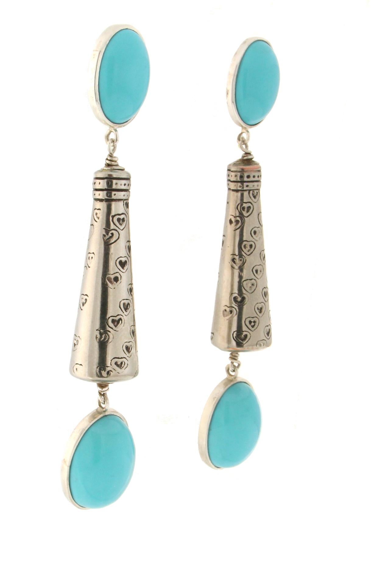 Artisan Handcraft Turquoise Paste 800 Thousandths Silver Drop Earrings For Sale