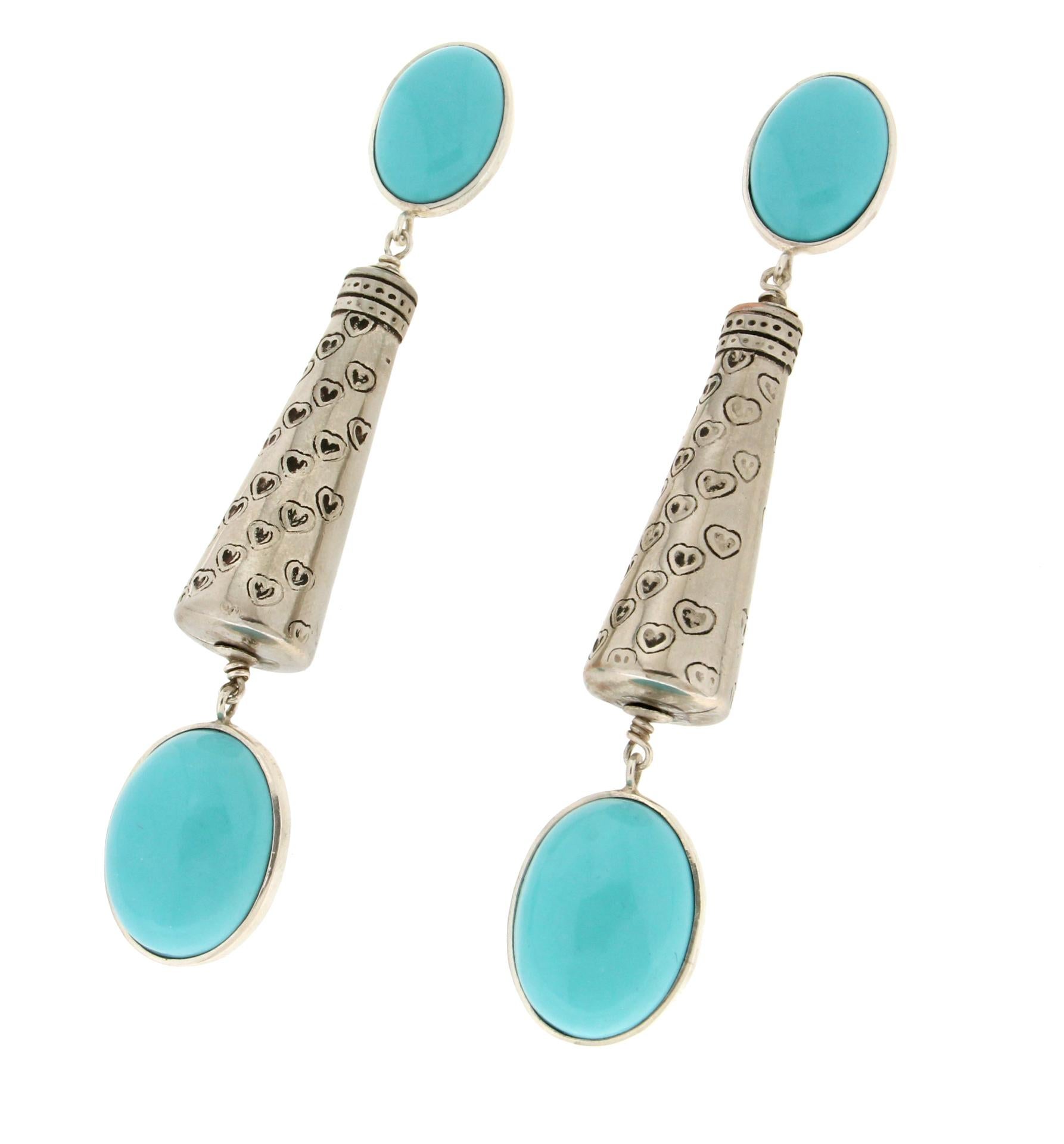 Oval Cut Handcraft Turquoise Paste 800 Thousandths Silver Drop Earrings For Sale