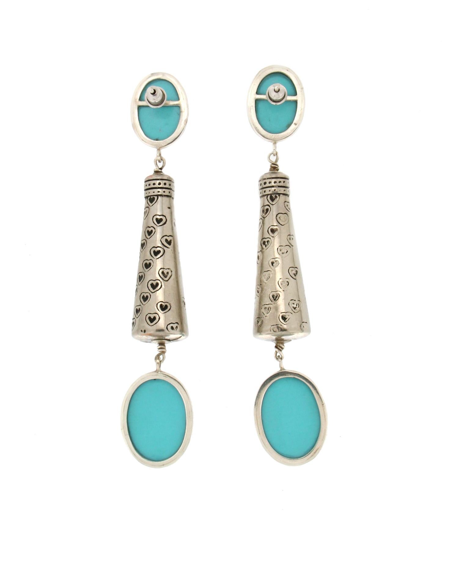 Handcraft Turquoise Paste 800 Thousandths Silver Drop Earrings In New Condition For Sale In Marcianise, IT