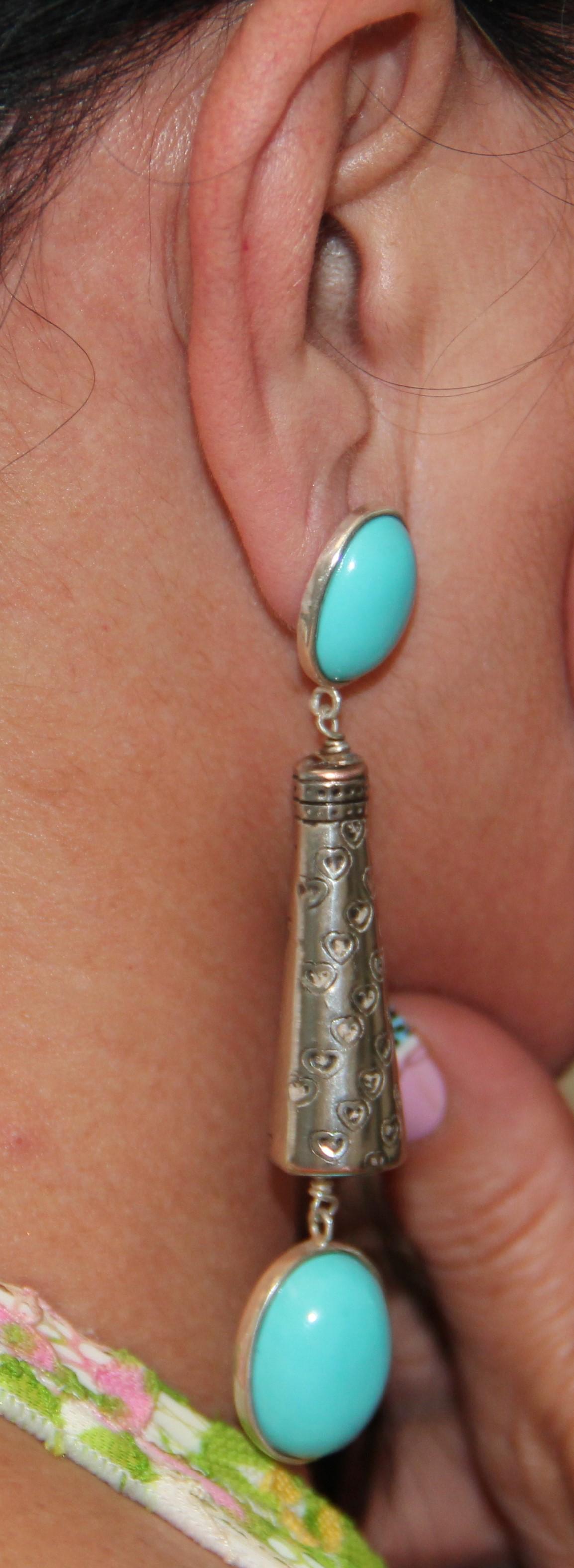 Handcraft Turquoise Paste 800 Thousandths Silver Drop Earrings For Sale 2