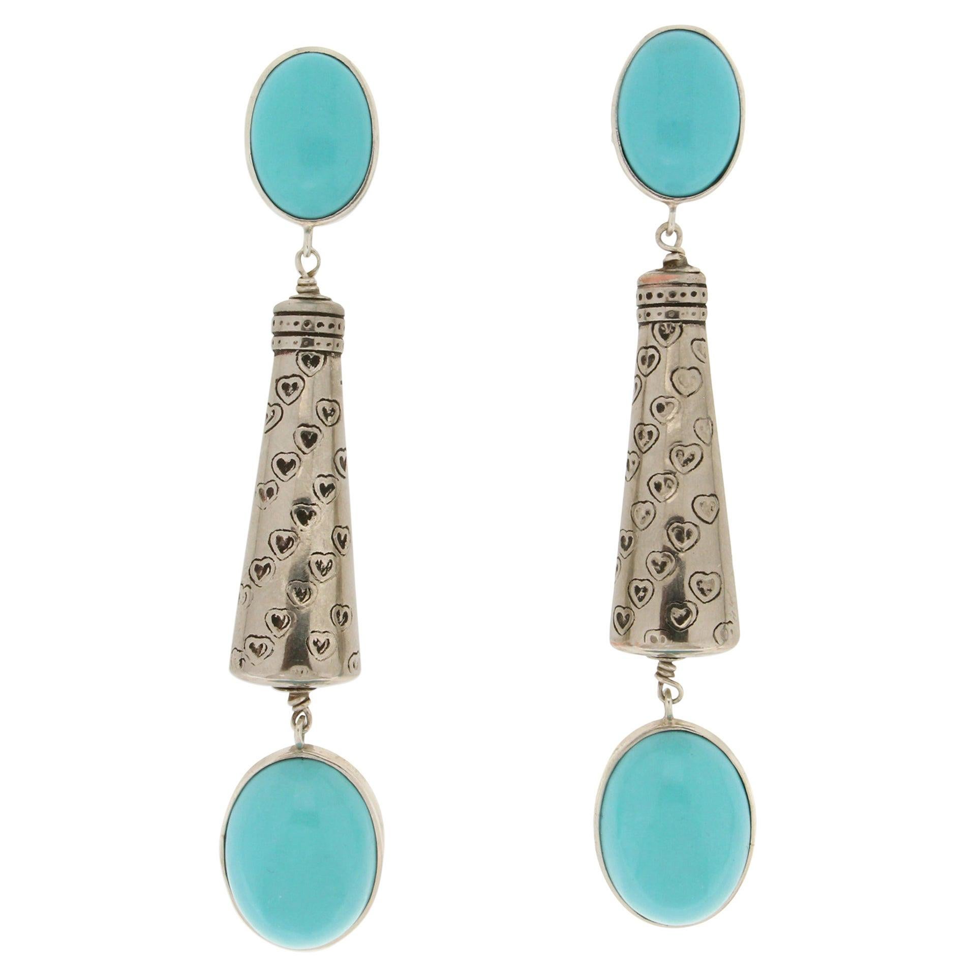Handcraft Turquoise Paste 800 Thousandths Silver Drop Earrings