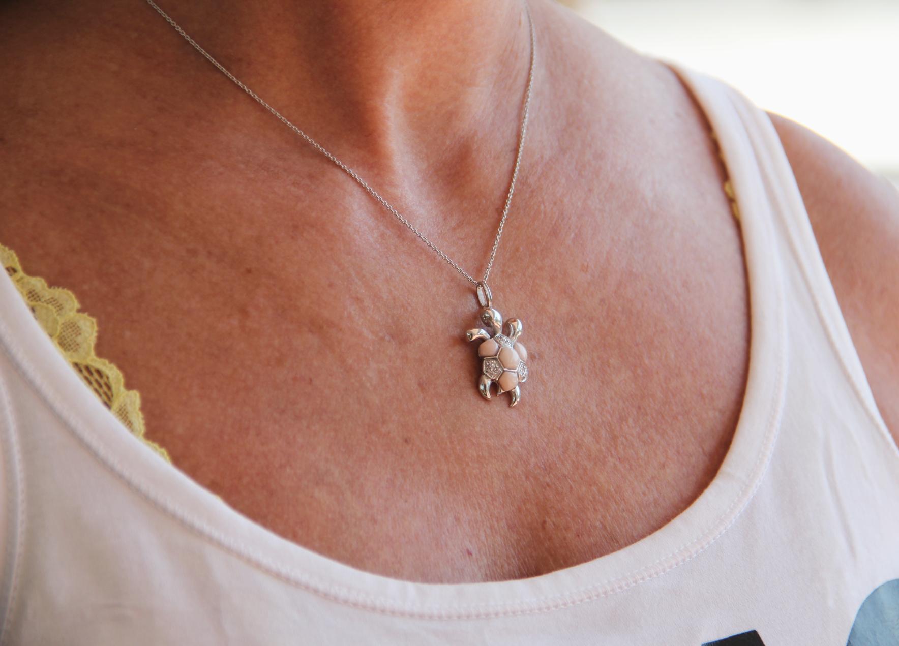 Handcraft Turtle Coral 18 Karat White Gold Diamonds Pendant Necklace For Sale 3