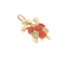 Collier pendentif tortue corail en or jaune 18 carats avec diamants Handcraft