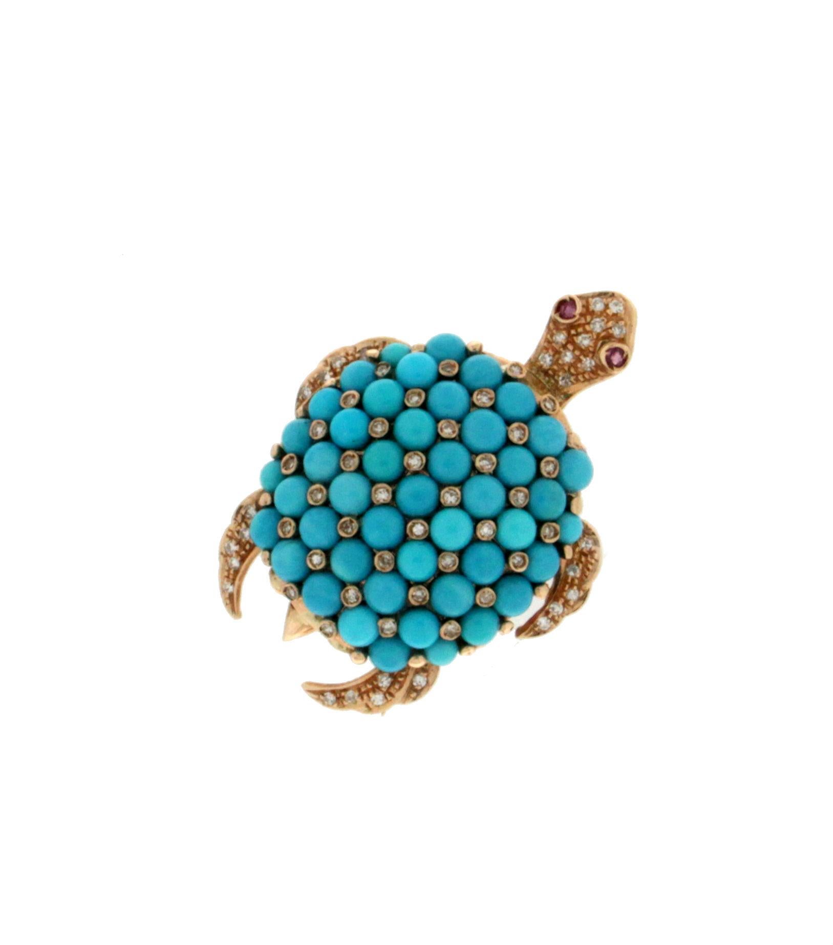 Artisan Handcraft Turtle Turquoise 14 Karat Yellow Gold Diamonds Brooch For Sale