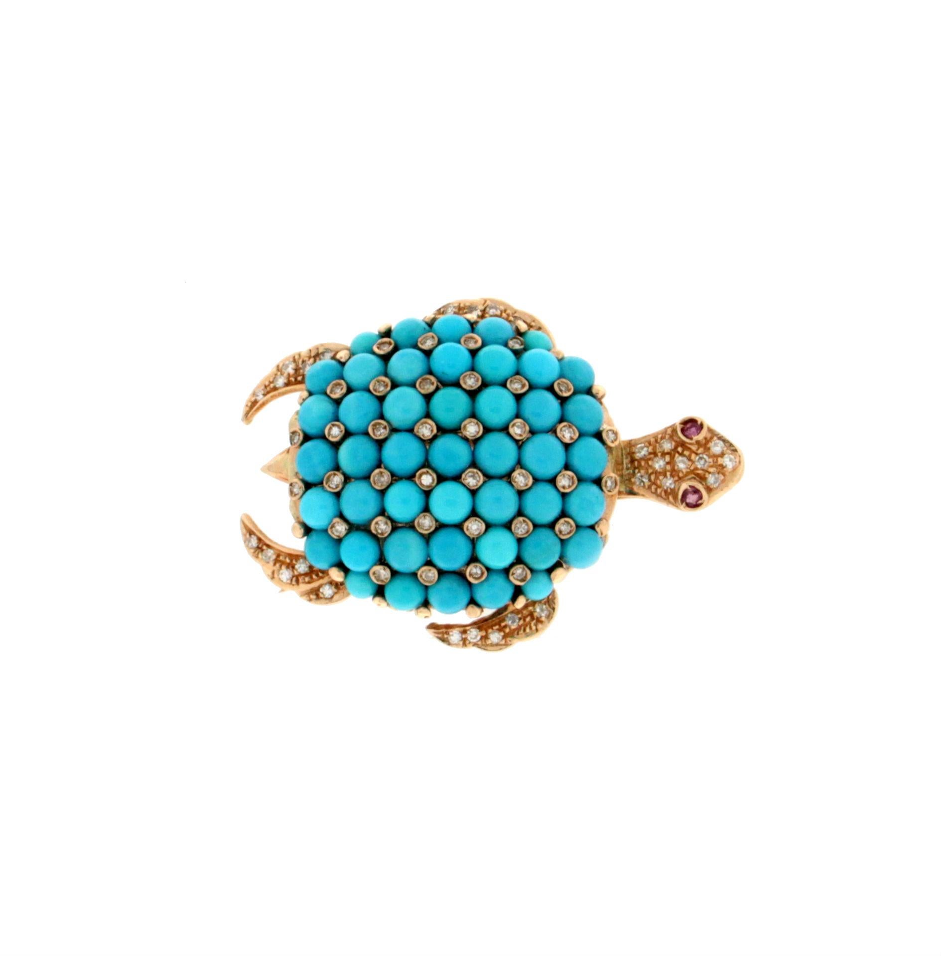 Brilliant Cut Handcraft Turtle Turquoise 14 Karat Yellow Gold Diamonds Brooch For Sale