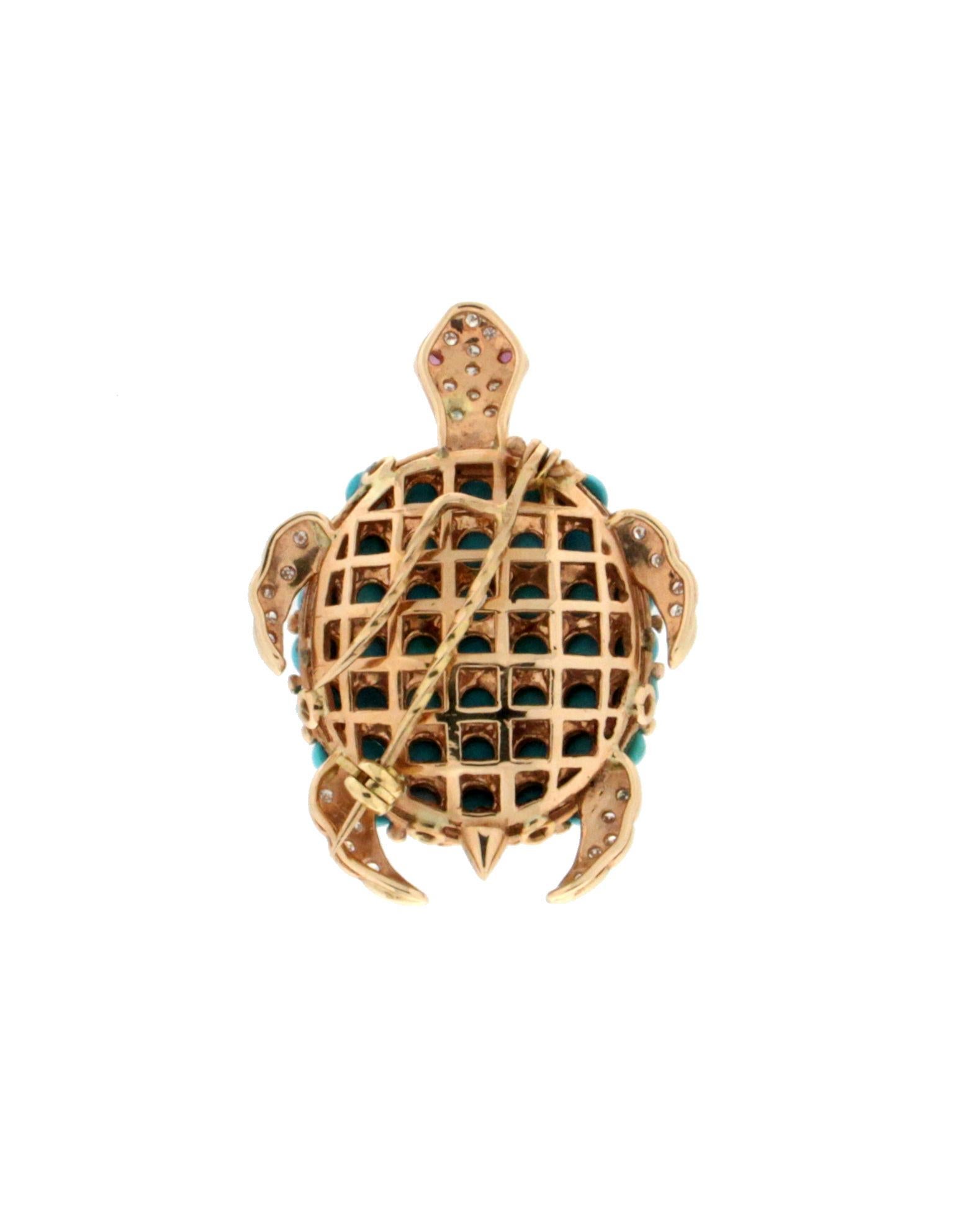 Women's or Men's Handcraft Turtle Turquoise 14 Karat Yellow Gold Diamonds Brooch For Sale