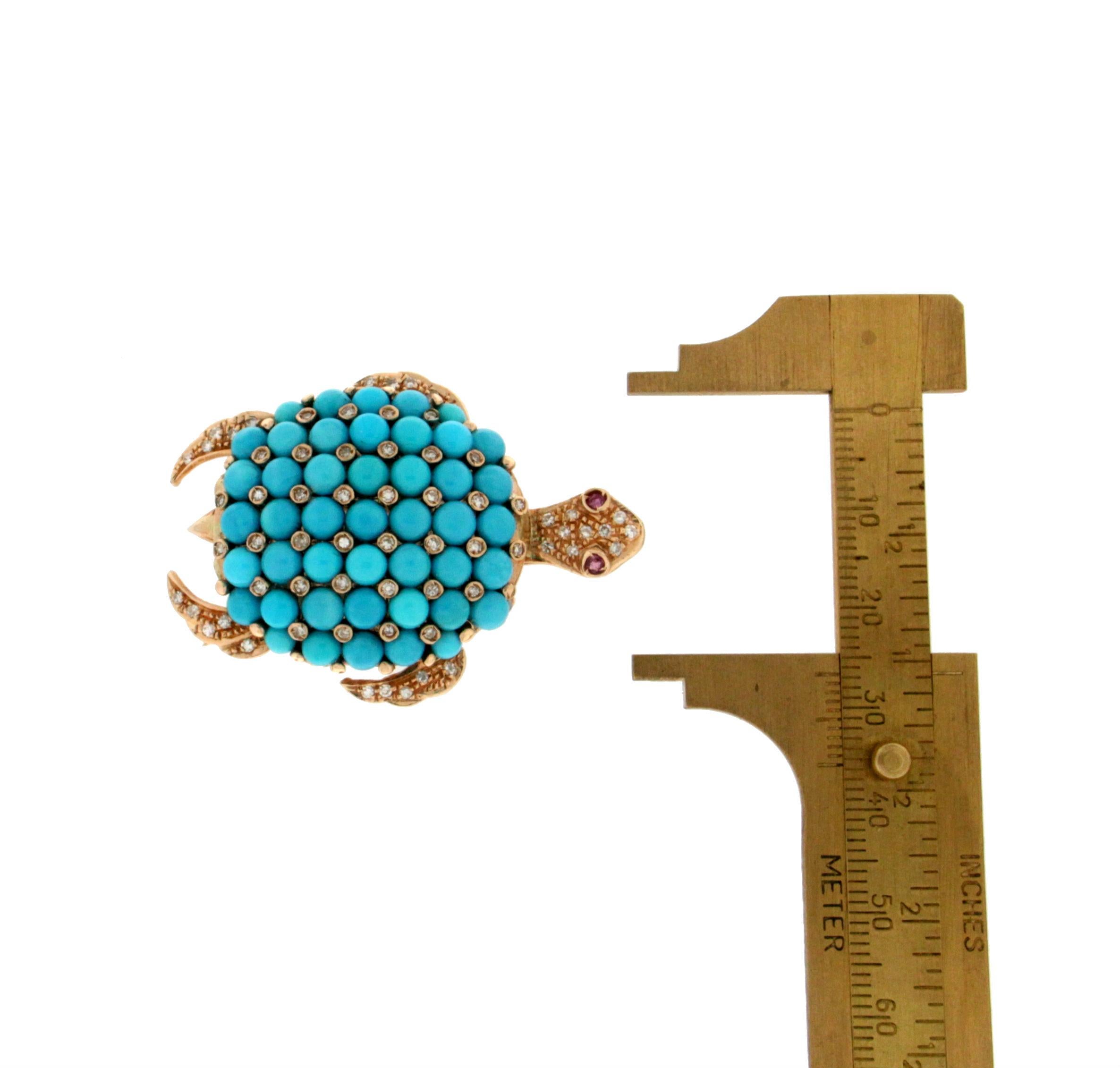 Handcraft Turtle Turquoise 14 Karat Yellow Gold Diamonds Brooch For Sale 2