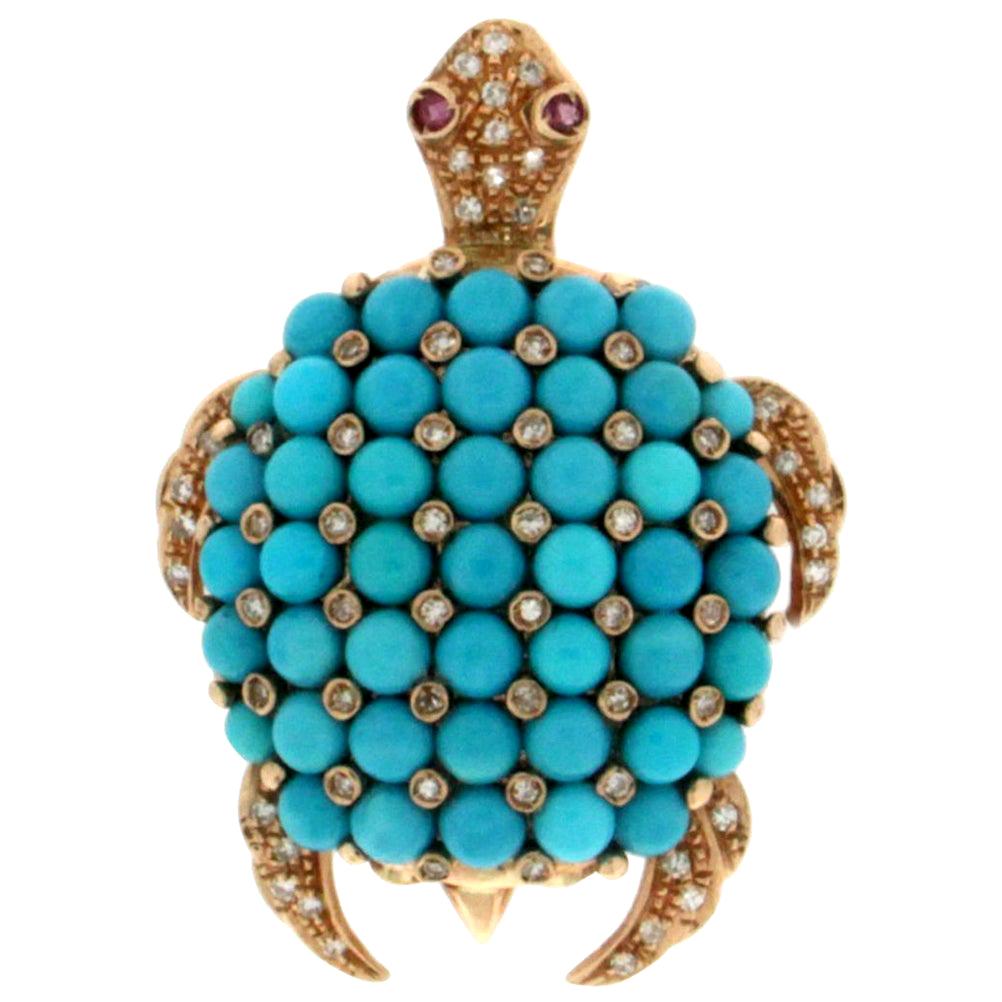 Broche artisanale en or jaune 14 carats avec turquoises et diamants, en forme de tortue