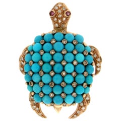 Handcraft Turtle Turquoise 14 Karat Yellow Gold Diamonds Brooch
