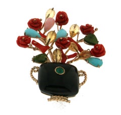 Vintage Carved Red Coral Rose, Emerald & Diamond Black Onyx Vase 9K Gold Brooch