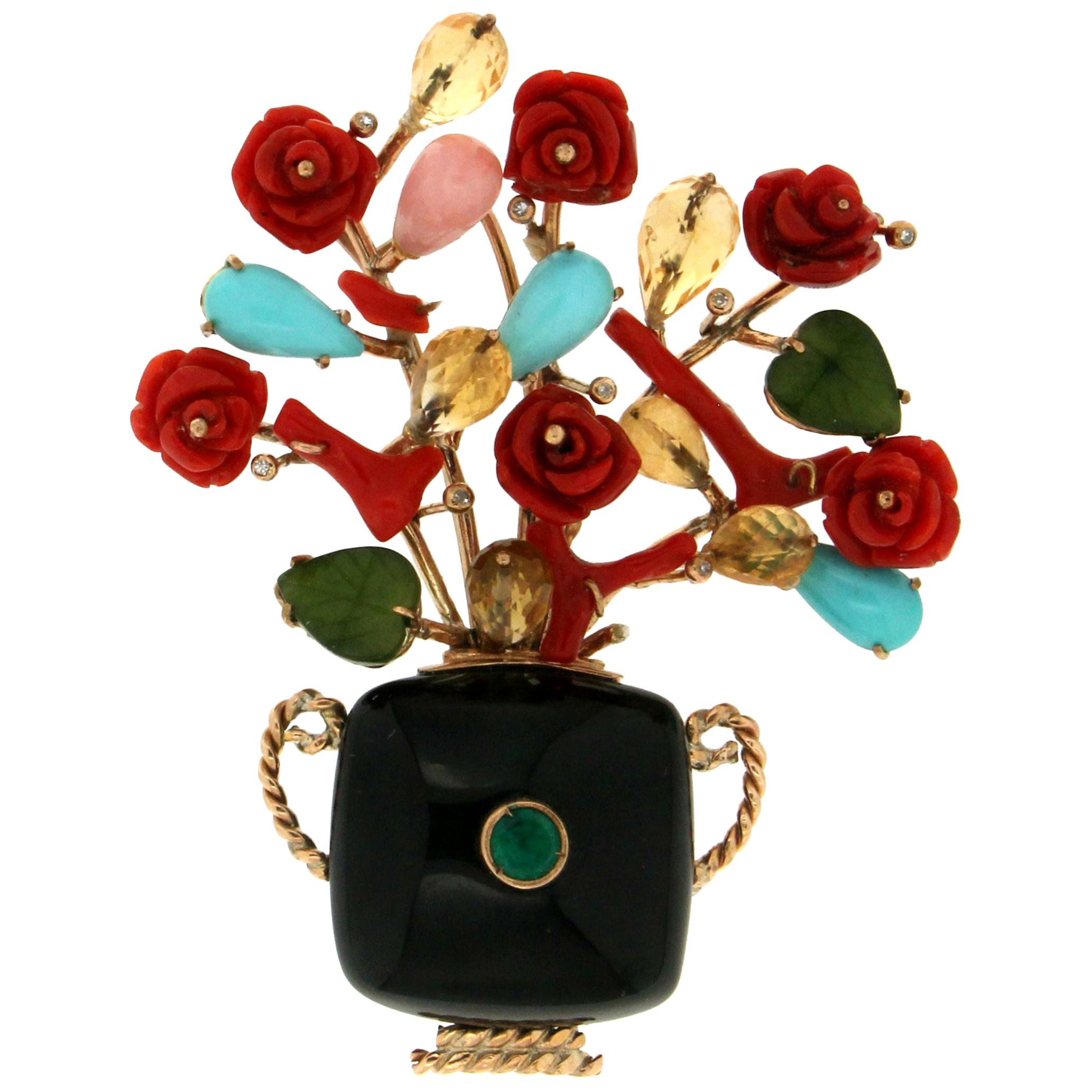 Handcraft Vase 9 Karat Yellow Gold Coral Diamonds Onyx Brooch For Sale