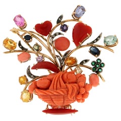 Handcraft Vase 14 Karat Yellow Gold Coral Sapphires Diamonds Emeralds Brooch