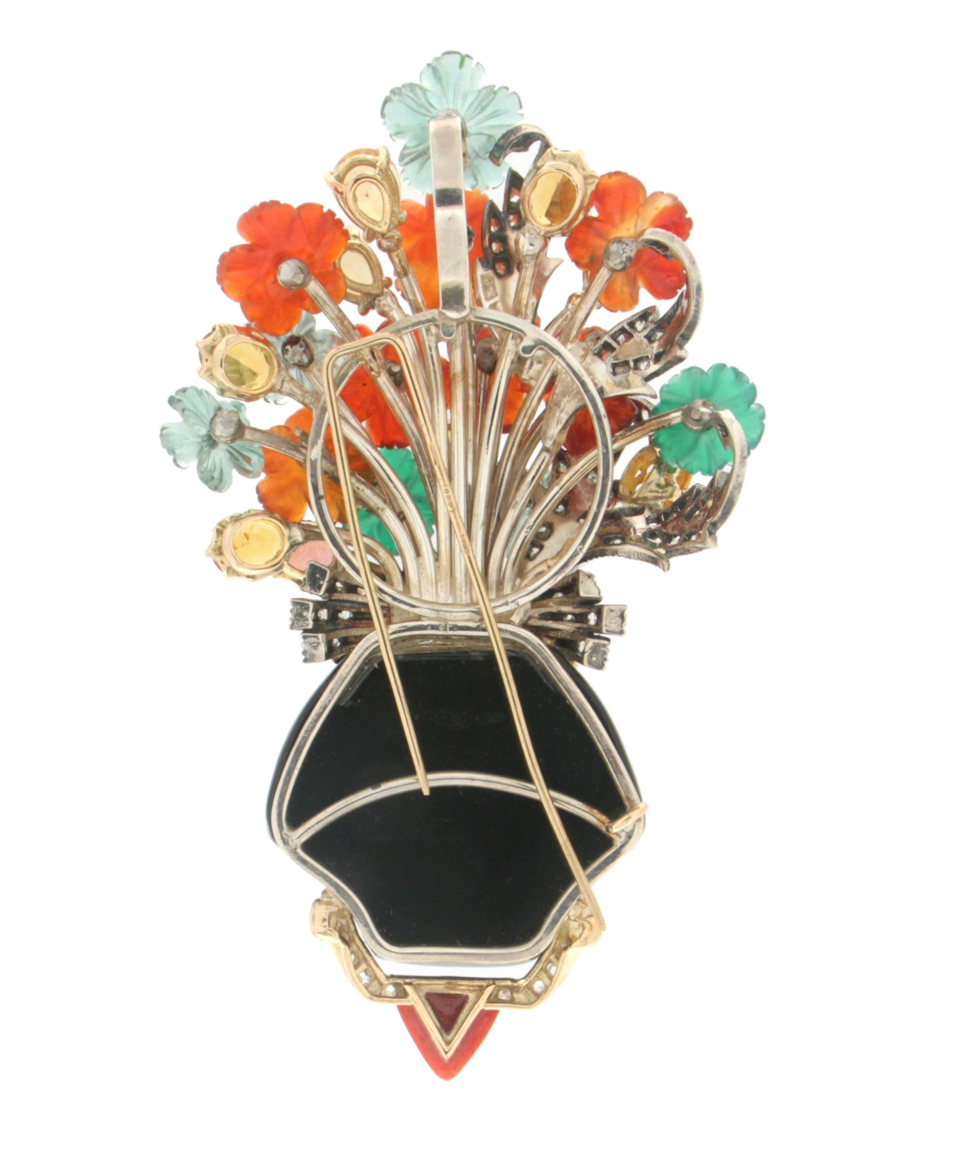 Women's or Men's Handcraft Vase 14 Karat Yellow Gold Onyx Carnelian Diamonds Pendant and Brooch For Sale