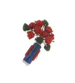 Handcraft Vase 18 Karat White Gold Coral Diamonds Tourmaline Lapis Lazuli Brooch
