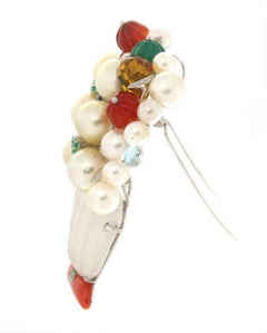 Handcraft Vase 18 Karat White Gold Coral Rock Crystal Pearls Diamonds Brooch