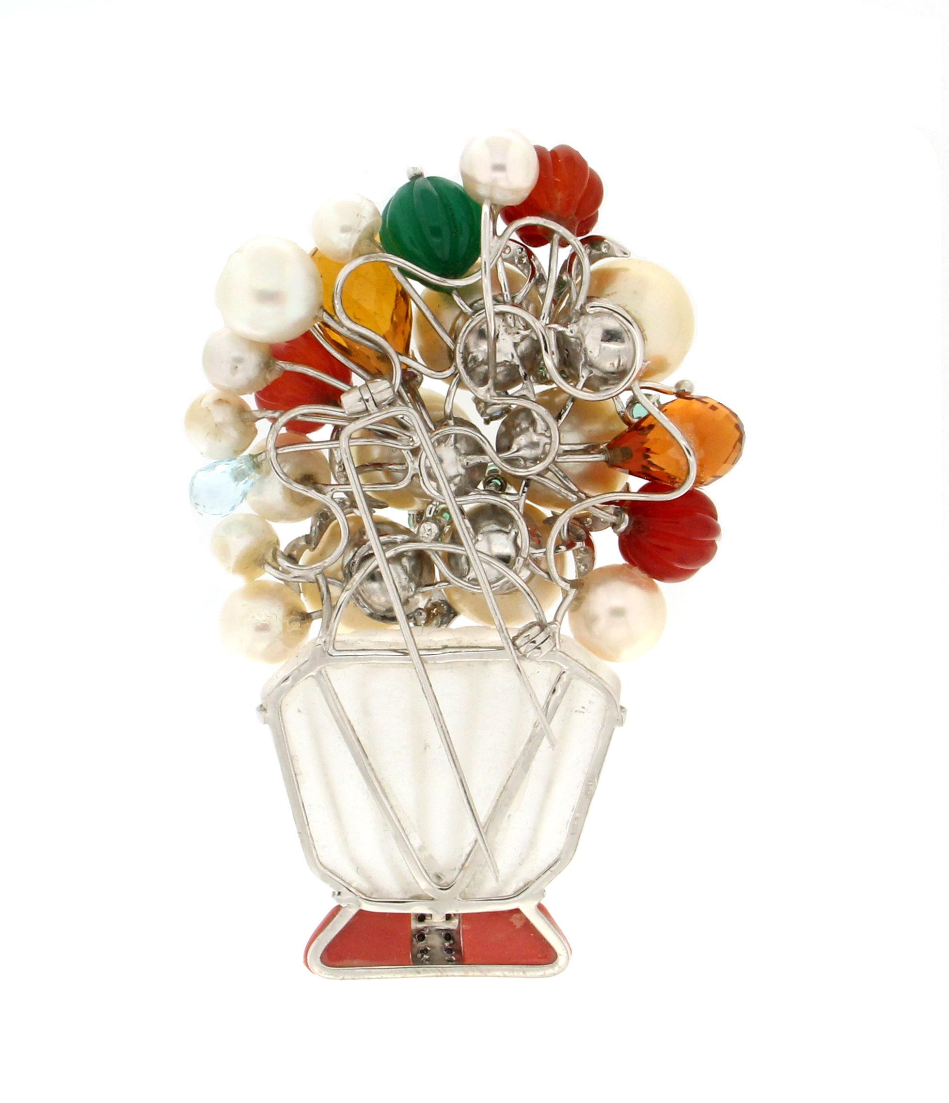 Broche Artesanal Florero Oro Blanco 18 Kilates Coral Roca Cristal Perlas Diamantes Corte brillante en venta