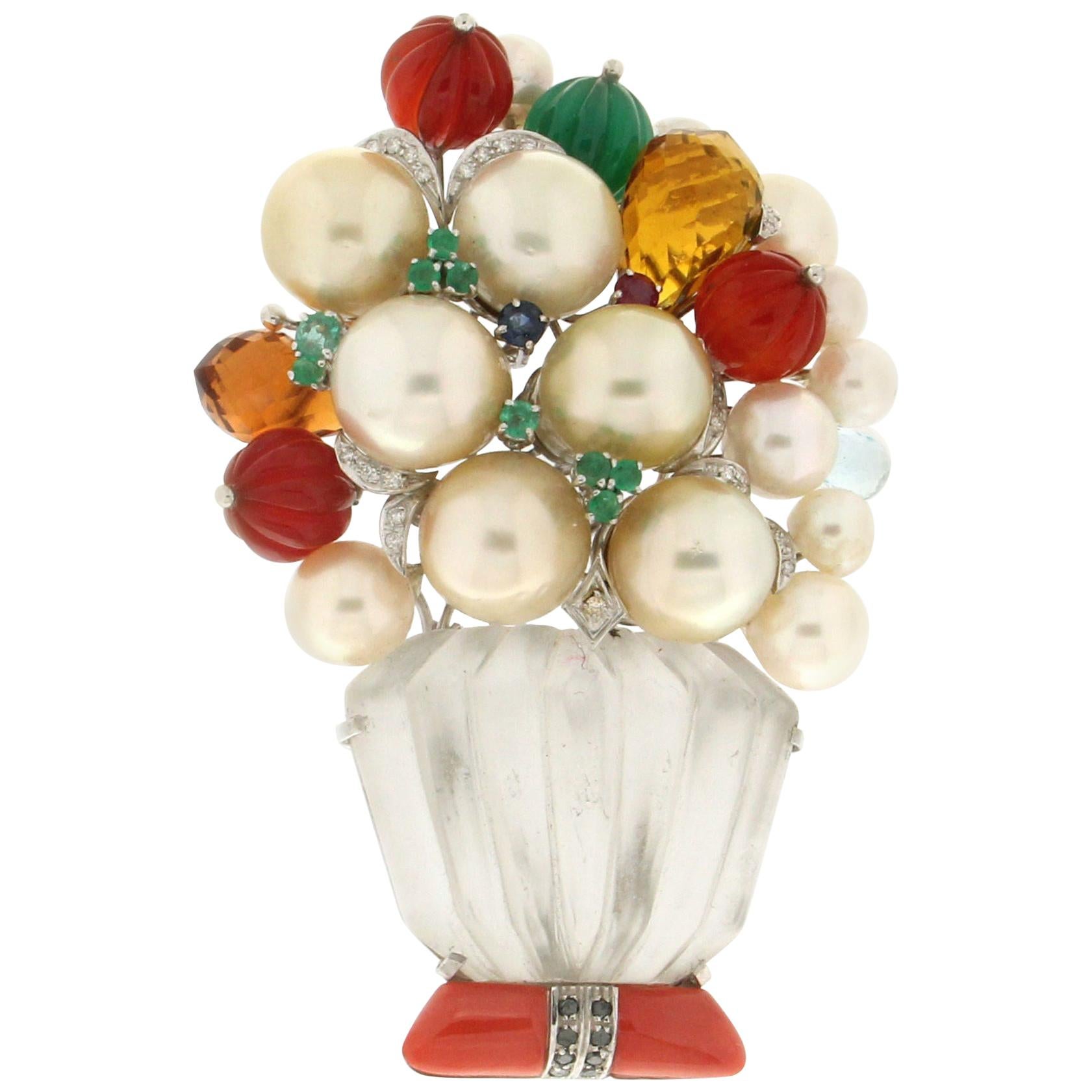 Handcraft Vase 18 Karat White Gold Coral Rock Crystal Pearls Diamonds Brooch