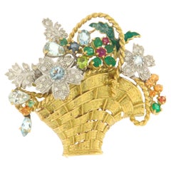 Diamonds Emeralds Aquamarine 18 Karat Yellow White Gold Basket Flower Brooch