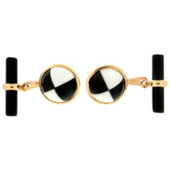 Handcraft White Agate 18 Karat Yellow Gold Onyx Barrels Cufflinks