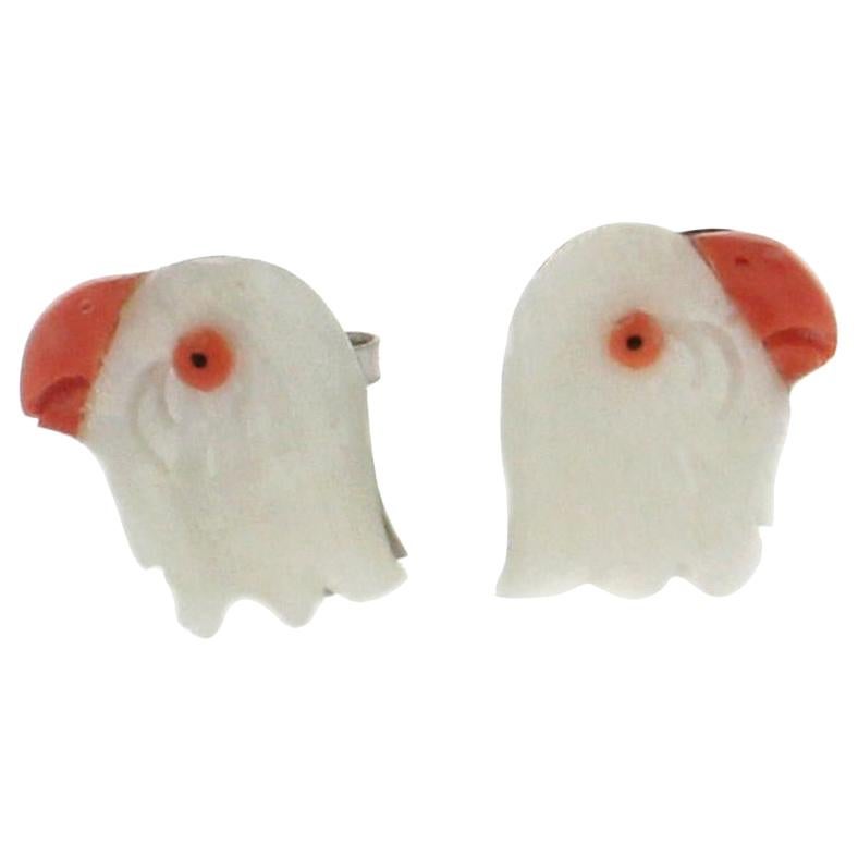 Handcraft White and Orange Coral 18 Karat White Gold Parrot Stud Earrings For Sale