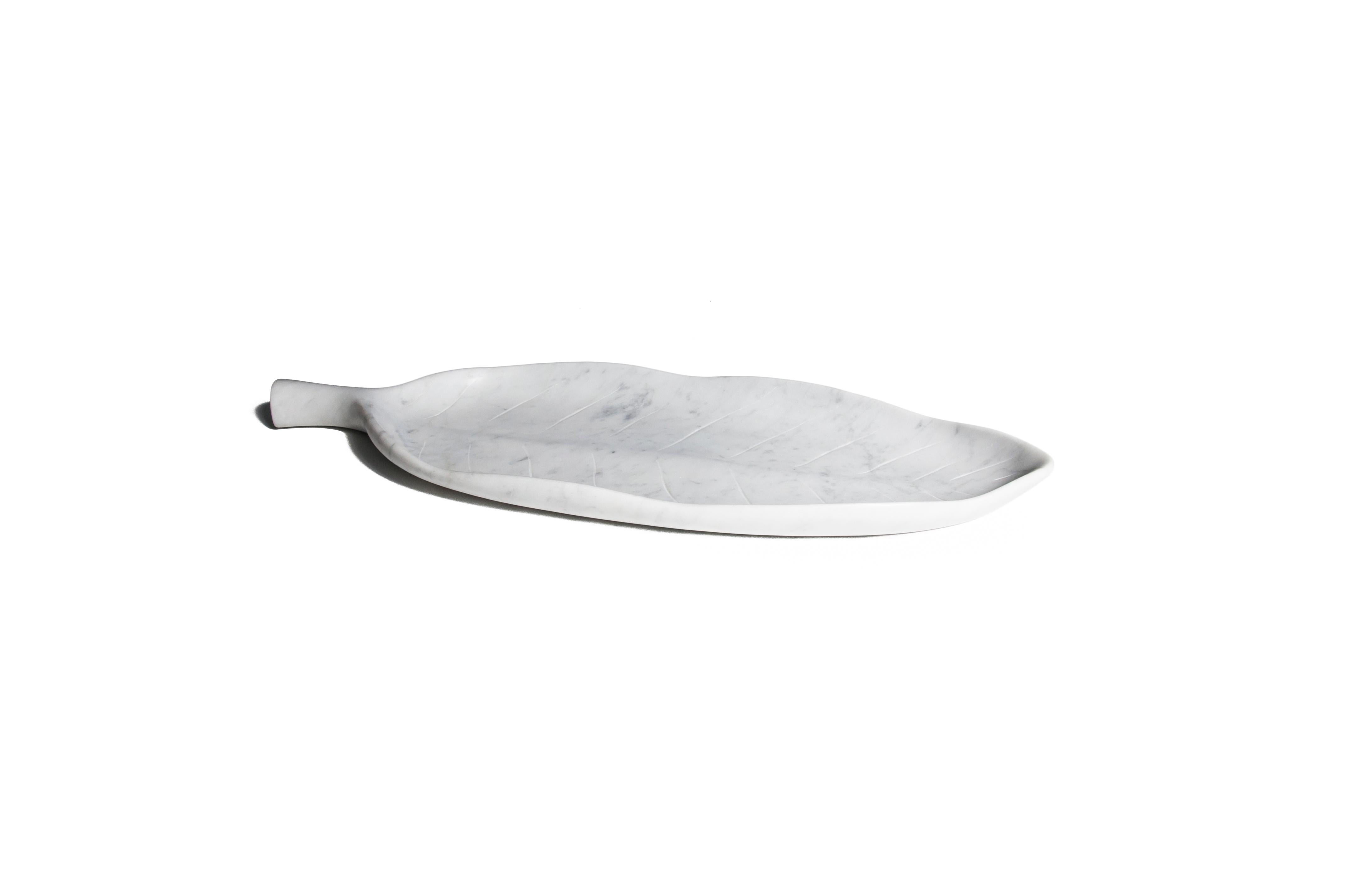 Hand-Crafted Handcraft White Carrara Marble Long Leaf Bowl/Centrepiece/Serving Plate