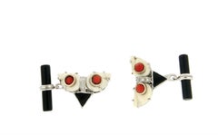 Handcraft White Coral 18 Karat White Gold Diamonds Onyx Barrels Cufflinks