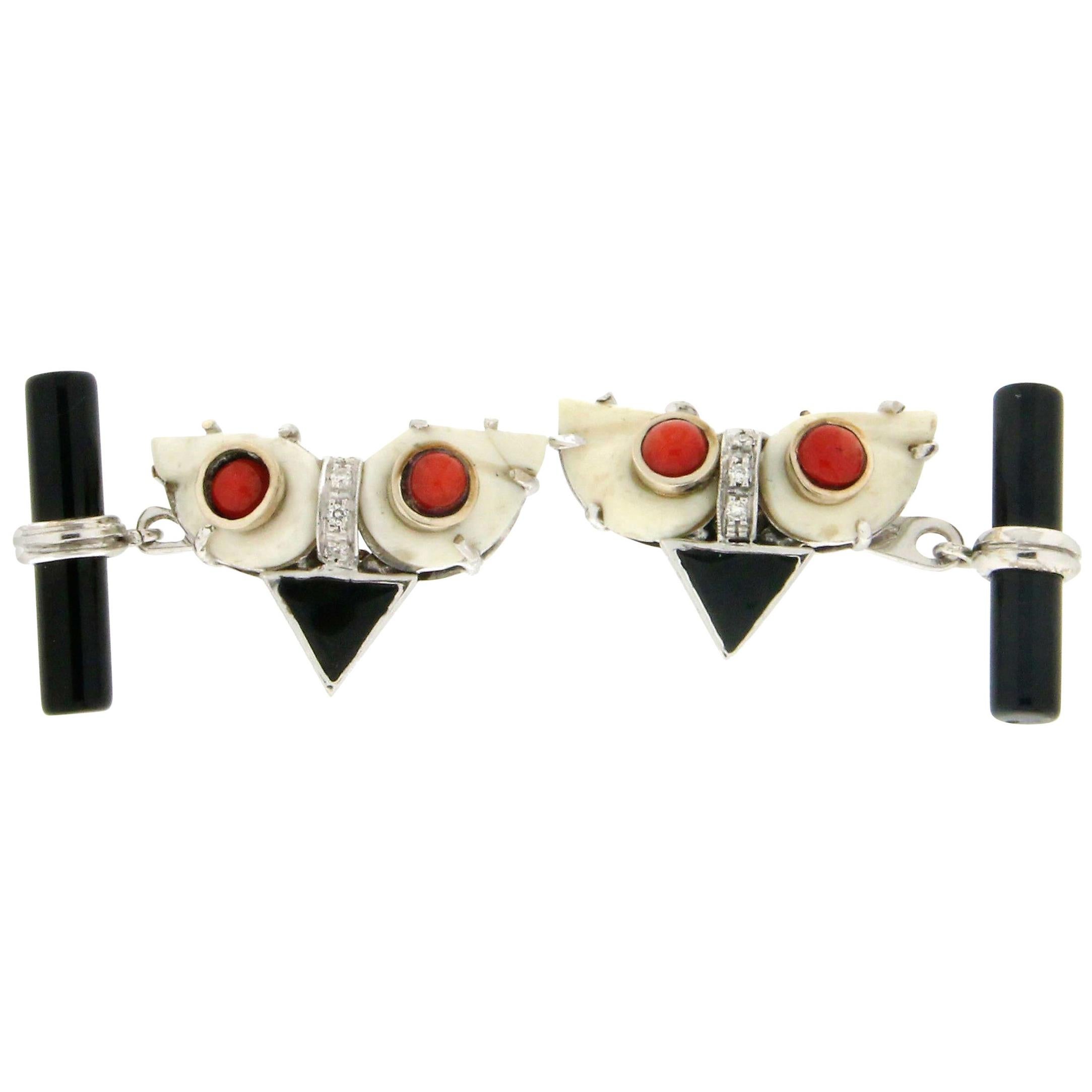 Handcraft White Coral 18 Karat White Gold Diamonds Onyx Barrels Cufflinks For Sale