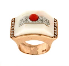 Handcraft White Coral 9 Karat White and Yellow Gold Diamonds Cocktail Ring