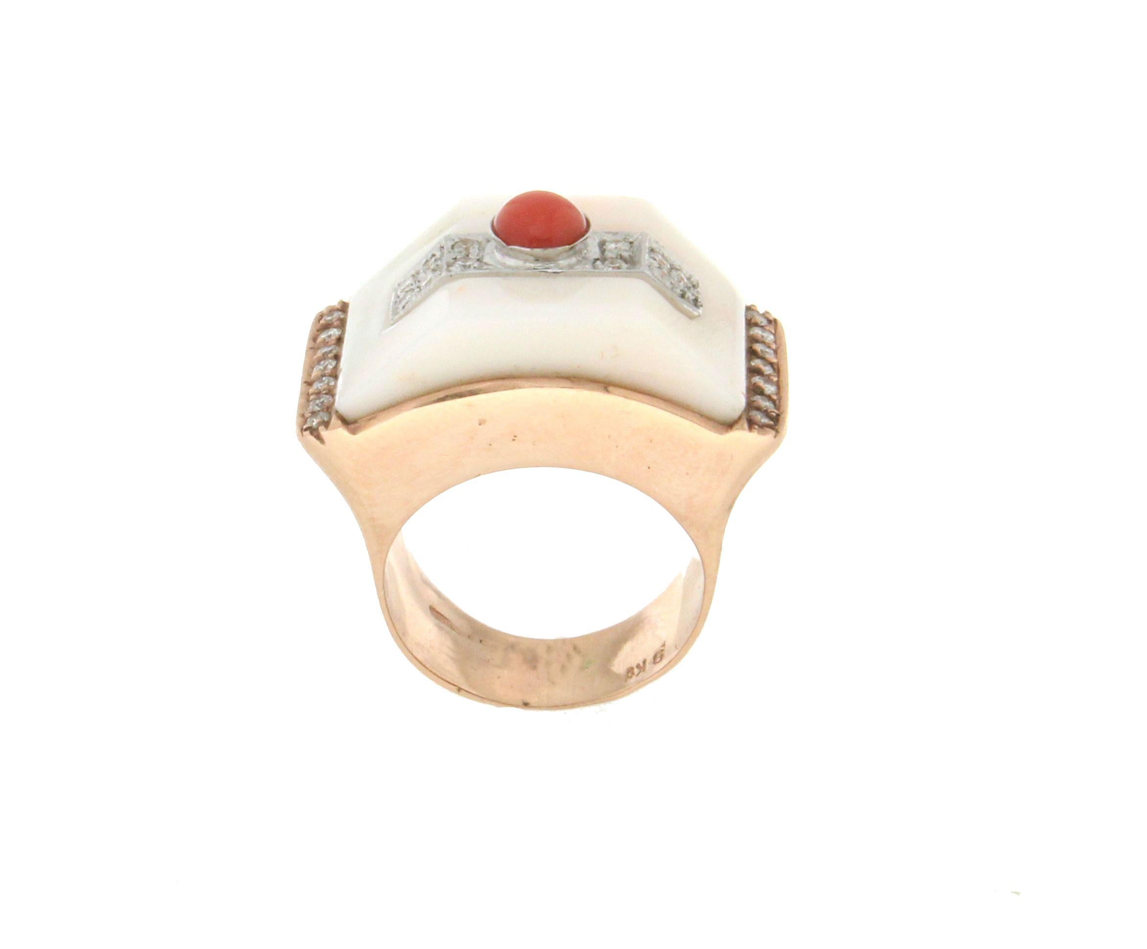 Artisan Handcraft White Coral 9 Karat White and Yellow Gold Diamonds Cocktail Ring For Sale