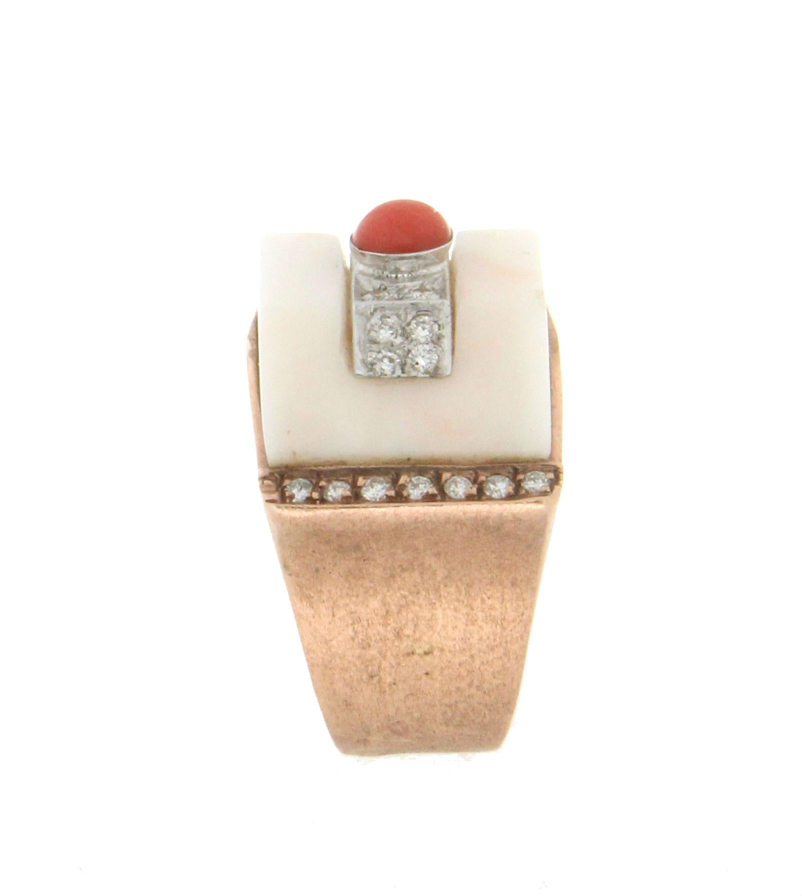 Brilliant Cut Handcraft White Coral 9 Karat White and Yellow Gold Diamonds Cocktail Ring For Sale