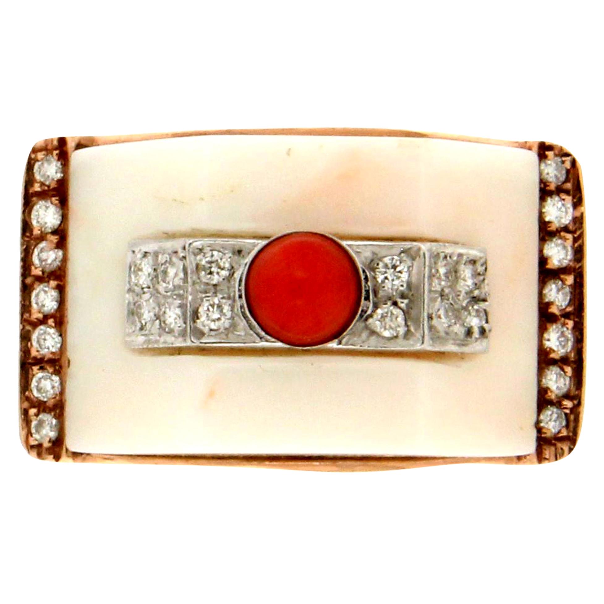 Handcraft White Coral 9 Karat White and Yellow Gold Diamonds Cocktail Ring For Sale