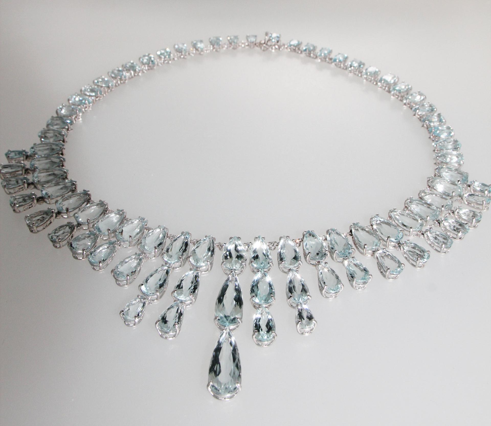 Artisan Handcraft White Gold 18 Carats Brazilian Aquamarines Diamonds Drop Necklace For Sale