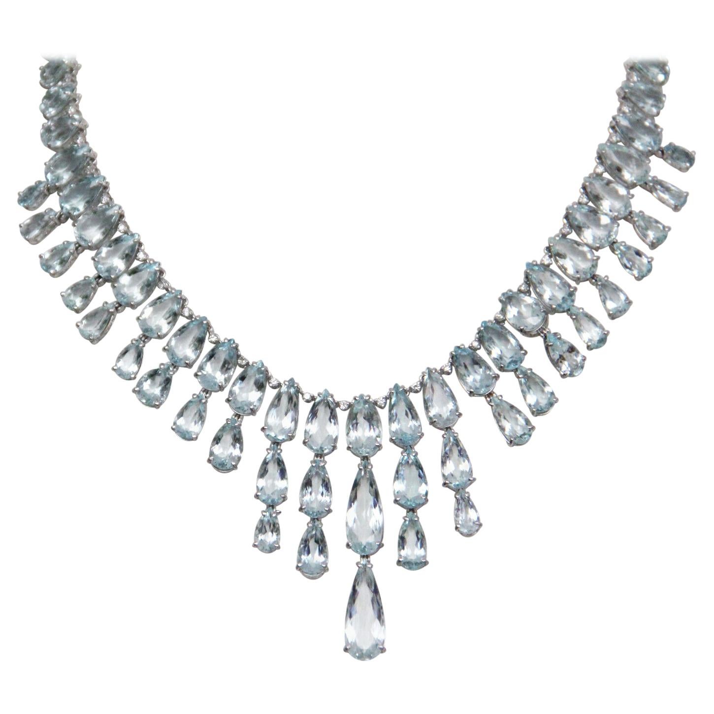 Handcraft White Gold 18 Carats Brazilian Aquamarines Diamonds Drop Necklace For Sale