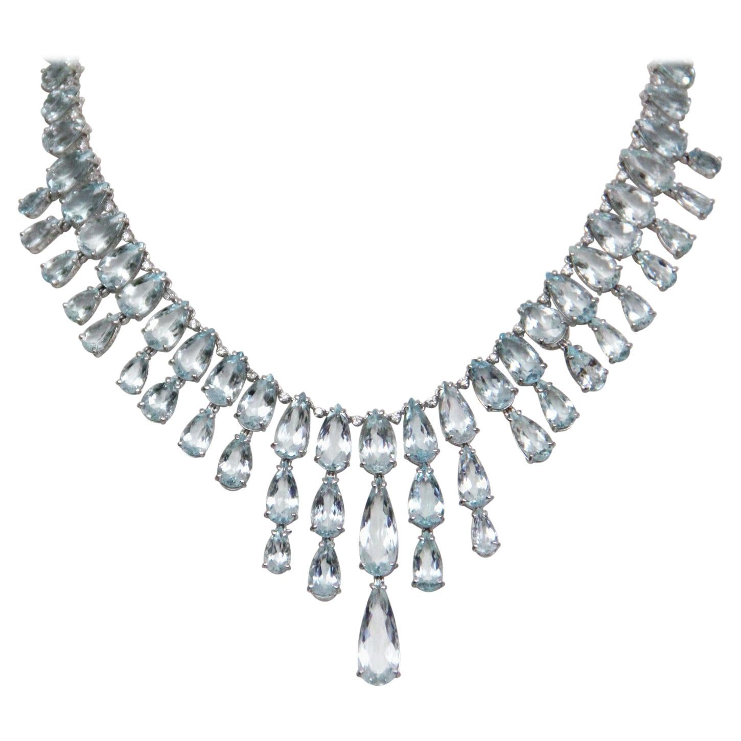 Collar Gota Diamantes Aguamarinas Brasileñas 18 Quilates Oro Blanco Artesanal