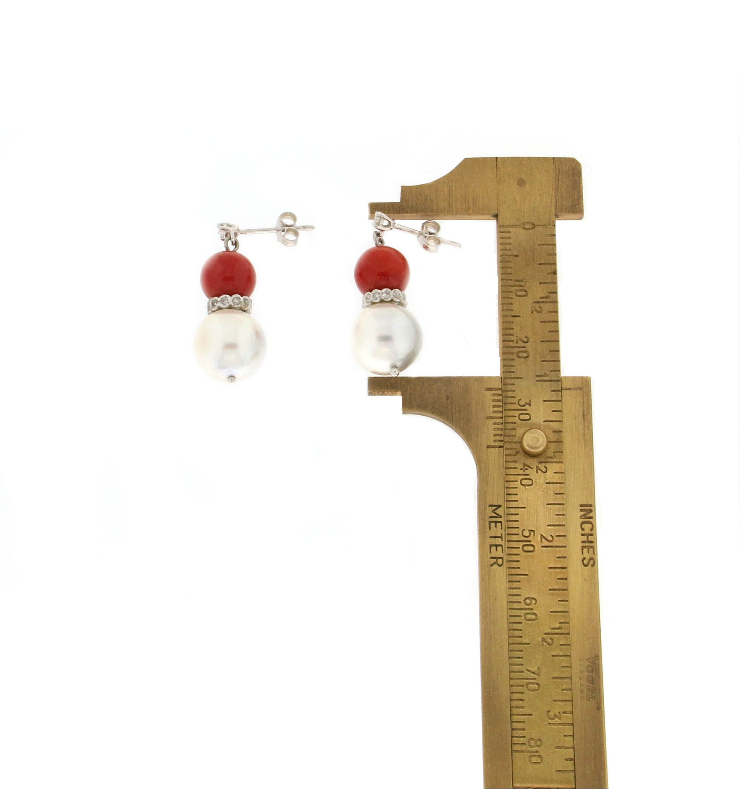 Artisan Handcraft White Gold 18 Karat Cultured Pearls Diamonds Coral Dangle Earring For Sale