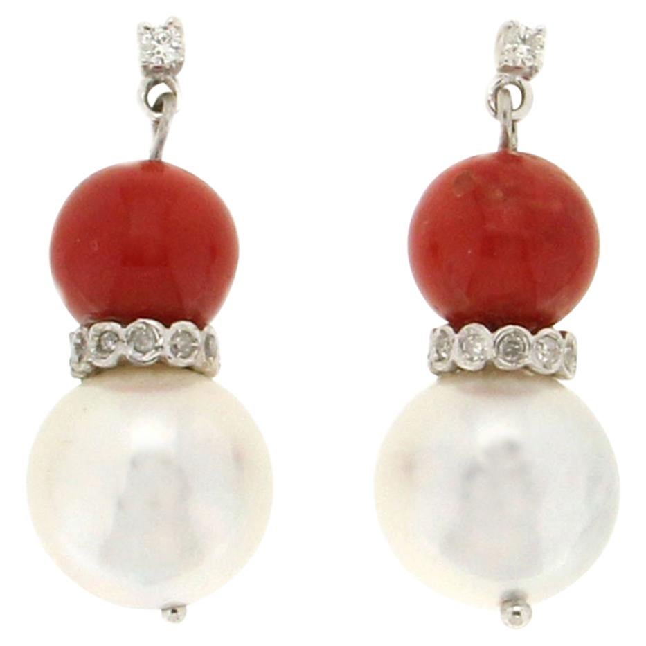 Handcraft White Gold 18 Karat Cultured Pearls Diamonds Coral Dangle Earring For Sale