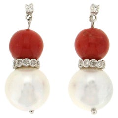 Handcraft White Gold 18 Karat Cultured Pearls Diamonds Coral Dangle Earring