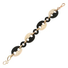 Bracelet manchette artisanal en bois et or jaune 14 carats avec onyx