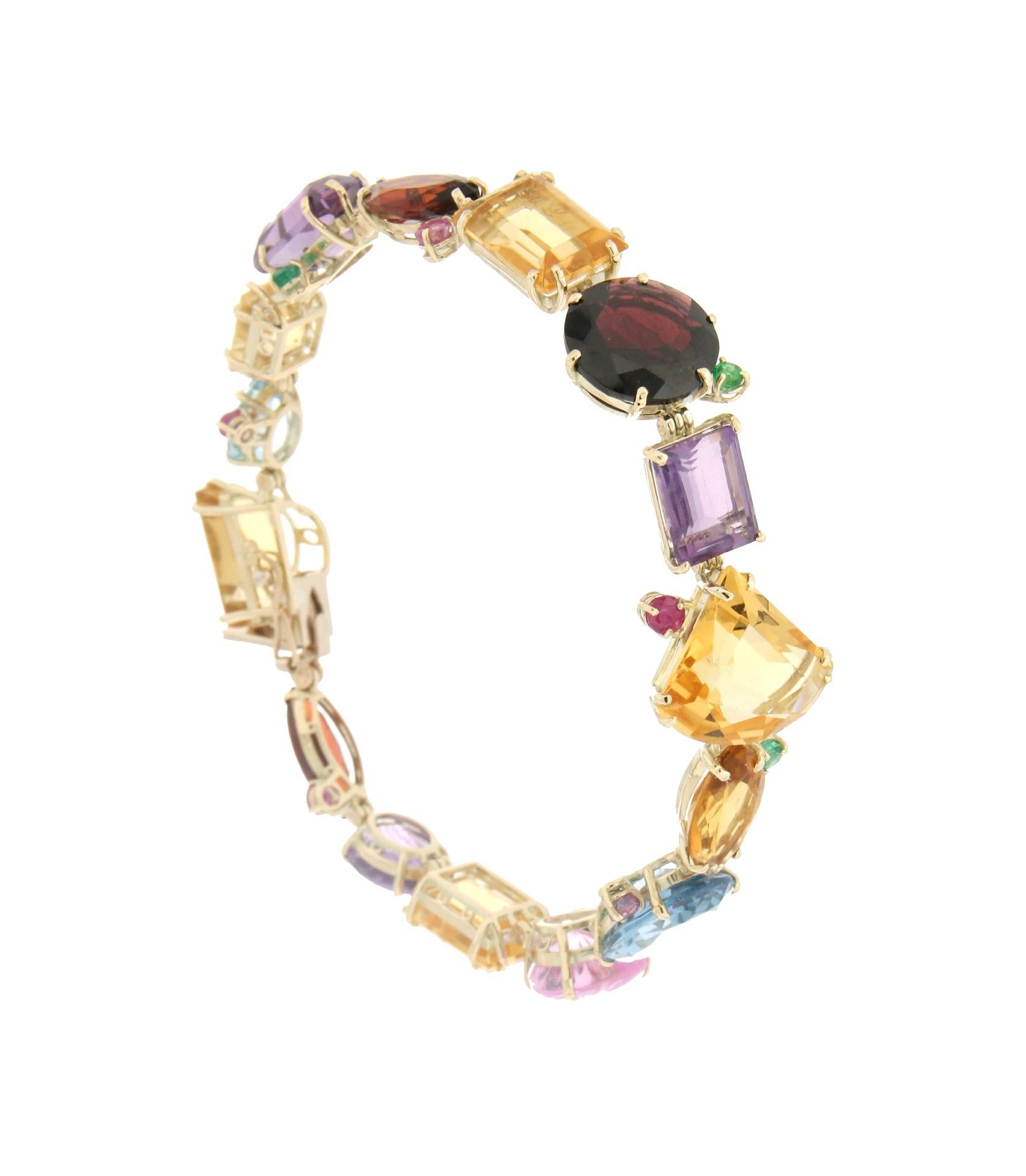 Brilliant Cut Handcraft Yellow Gold 14 Carats Emeralds Rubies Amethyst Citrin Garnet Bracelet For Sale